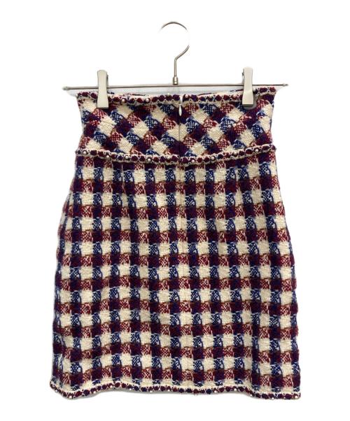CHANEL（シャネル）CHANEL (シャネル) パールトリミングウールチェックスカート アイボリー×レッド×ネイビー サイズ:34の古着・服飾アイテム
