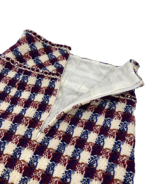 CHANEL（シャネル）CHANEL (シャネル) パールトリミングウールチェックスカート アイボリー×レッド×ネイビー サイズ:34の古着・服飾アイテム