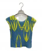 ISSEY MIYAKEイッセイミヤケ）の古着「転写ワッフルプリーツブラウス」｜ブルー×黄緑