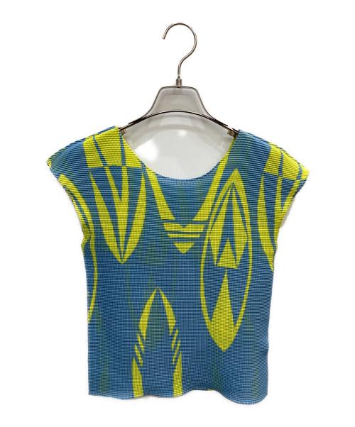 ISSEY MIYAKE（イッセイミヤケ）ISSEY MIYAKE (イッセイミヤケ) 転写ワッフルプリーツブラウス ブルー×黄緑 サイズ:表記なしの古着・服飾アイテム