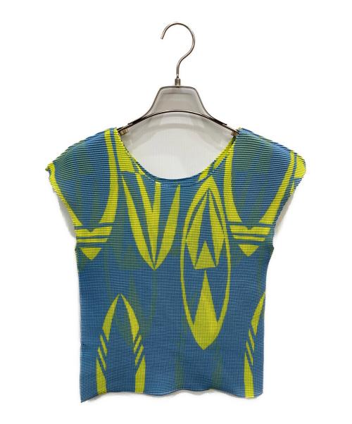 ISSEY MIYAKE（イッセイミヤケ）ISSEY MIYAKE (イッセイミヤケ) 転写ワッフルプリーツブラウス ブルー×黄緑 サイズ:表記なしの古着・服飾アイテム