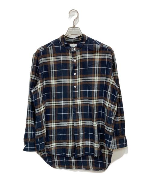 GD by James Mortimer（ジェームス・モルティマー）GD by James Mortimer (ジェームス・モルティマー) プルオーバーバンドカラーシャツ ブラウン×ネイビー サイズ:40の古着・服飾アイテム