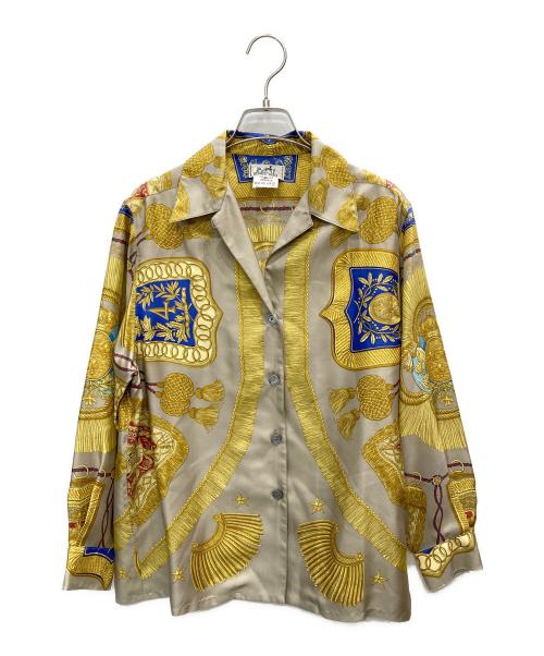 HERMES（エルメス）HERMES (エルメス) 総柄スカーフシルクシャツ ゴールド サイズ:40の古着・服飾アイテム