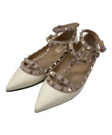 VALENTINO（ヴァレンティノ）の古着「ポインテッドトゥロックスタッズバレリーナシューズ」｜アイボリー×ラベンダー