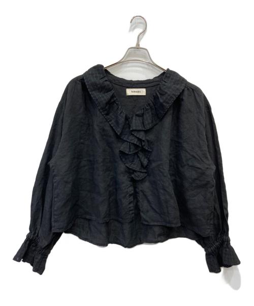 tumugu（ツムグ）tumugu (ツムグ) ソリトリネン フリルブラウス ブラック サイズ:FREEの古着・服飾アイテム
