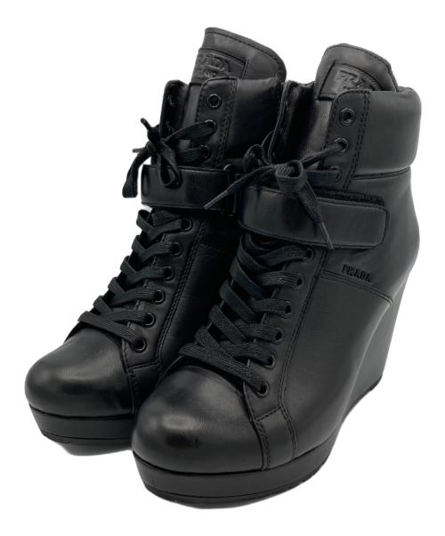 PRADA（プラダ）PRADA (プラダ) Nappa Aviator Black Wedge Boots ブラック サイズ:24.5cmの古着・服飾アイテム