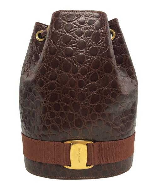 Salvatore Ferragamo（サルヴァトーレ フェラガモ）Salvatore Ferragamo (サルヴァトーレ フェラガモ) 型押し巾着ミニバックパック BZ-21・5676 ボルドー×ブラウンの古着・服飾アイテム