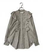 sara mallikaサラマリカ）の古着「CTN STRIPE BIG FRILL SHIRRING SHIRTS」｜カーキ×ホワイト