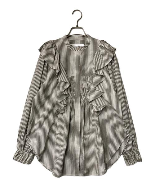 sara mallika（サラマリカ）sara mallika (サラマリカ) CTN STRIPE BIG FRILL SHIRRING SHIRTS カーキ×ホワイト サイズ:表記なしの古着・服飾アイテム