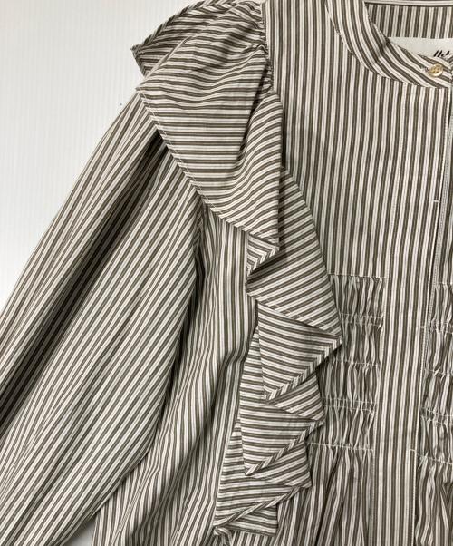 sara mallika（サラマリカ）sara mallika (サラマリカ) CTN STRIPE BIG FRILL SHIRRING SHIRTS カーキ×ホワイト サイズ:表記なしの古着・服飾アイテム