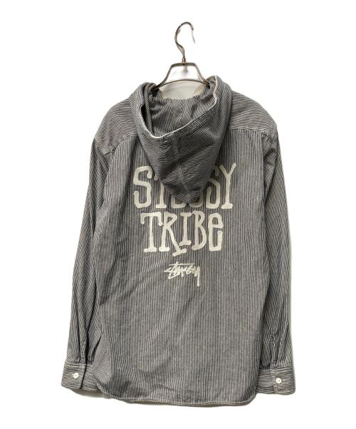 stussy（ステューシー）stussy (ステューシー) ジップアップストライプフーデットジャケット ネイビー×ホワイト サイズ:LARGEの古着・服飾アイテム