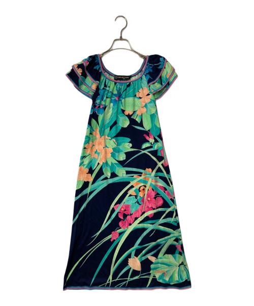 LEONARD FASHION（レオナールファッション）LEONARD FASHION (レオナールファッション) フラワープリントコットンワンピース ネイビー×グリーン サイズ:Ｓの古着・服飾アイテム