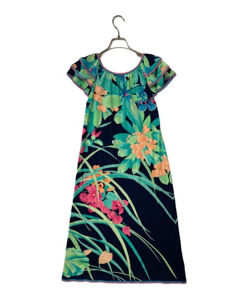 LEONARD FASHION（レオナールファッション）LEONARD FASHION (レオナールファッション) フラワープリントコットンワンピース ネイビー×グリーン サイズ:Ｓの古着・服飾アイテム