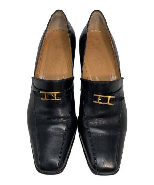 HERMES（エルメス）HERMES (エルメス) H金具 スクエアトゥ ヒールローファー ブラック サイズ:37の古着・服飾アイテム