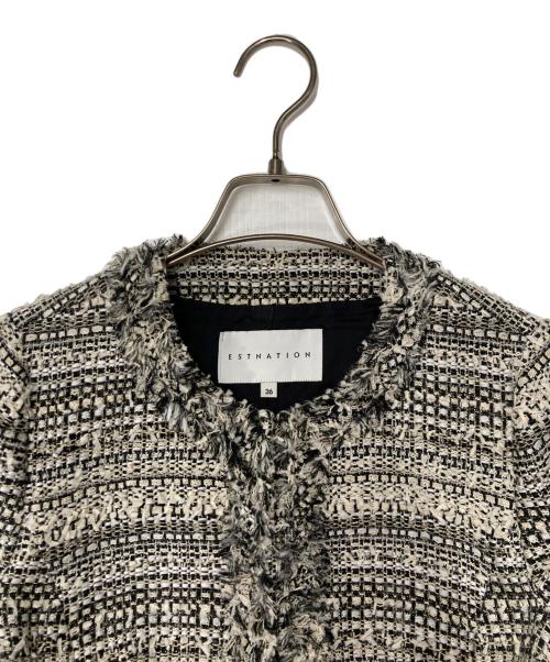 ESTNATION（エストネーション）ESTNATION (エストネーション) ノーカラーツイードジャケット ホワイト×ブラック サイズ:36の古着・服飾アイテム