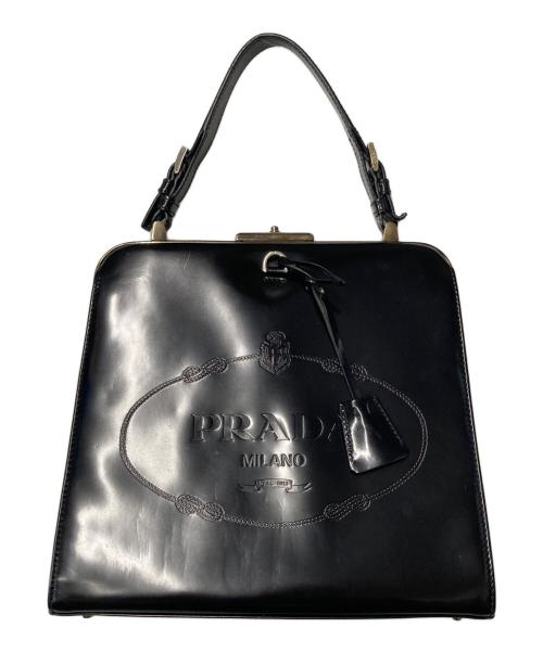 PRADA（プラダ）PRADA (プラダ) エンボスロゴ パテントレザー ハンドバッグ ブラックの古着・服飾アイテム