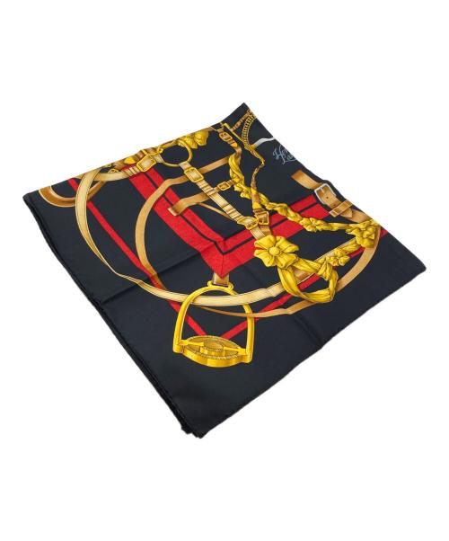 HERMES（エルメス）HERMES (エルメス) カレ90 シルクスカーフ ブラック×ゴールドの古着・服飾アイテム