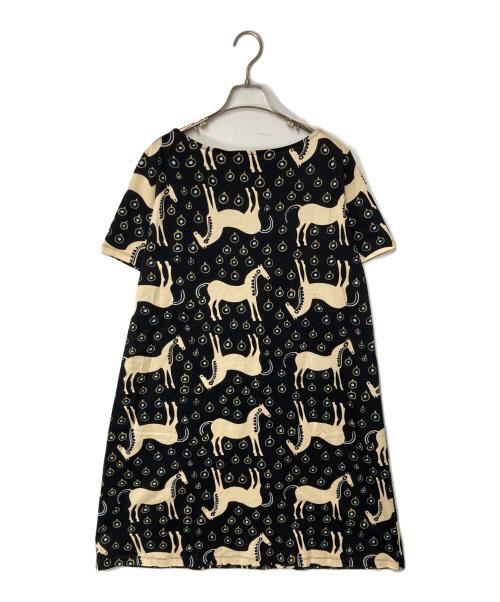 marimekko（マリメッコ）marimekko (マリメッコ) ムスタタンマ 総柄ワンピース ブラック×ベージュ サイズ:Lの古着・服飾アイテム