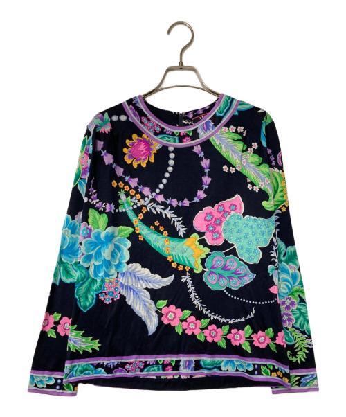 LEONARD FASHION（レオナールファッション）LEONARD FASHION (レオナールファッション) フラワープリントシルクウールカットソー ブラック×グリーン サイズ:Ｍの古着・服飾アイテム