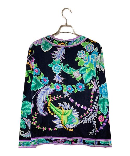 LEONARD FASHION（レオナールファッション）LEONARD FASHION (レオナールファッション) フラワープリントシルクウールカットソー ブラック×グリーン サイズ:Ｍの古着・服飾アイテム