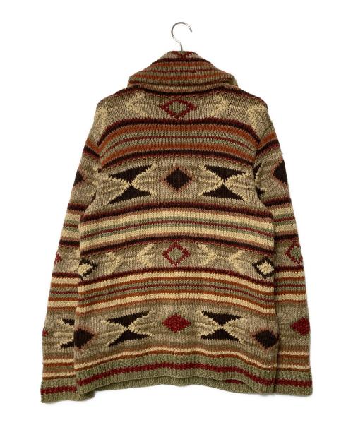 RRL（ダブルアールエル）RRL (ダブルアールエル) HAND KNIT ネイティブ柄 シルクリネン混 ショールカラーカーディガン ブラウン×ベージュ サイズ:Lの古着・服飾アイテム