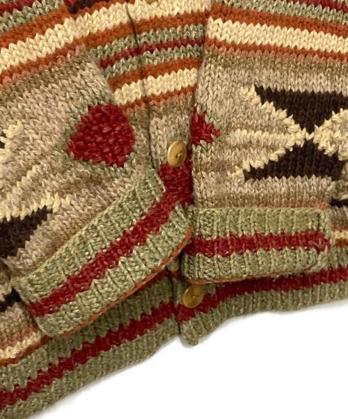 RRL（ダブルアールエル）RRL (ダブルアールエル) HAND KNIT ネイティブ柄 シルクリネン混 ショールカラーカーディガン ブラウン×ベージュ サイズ:Lの古着・服飾アイテム