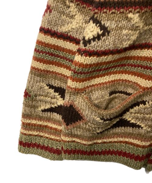 RRL（ダブルアールエル）RRL (ダブルアールエル) HAND KNIT ネイティブ柄 シルクリネン混 ショールカラーカーディガン ブラウン×ベージュ サイズ:Lの古着・服飾アイテム