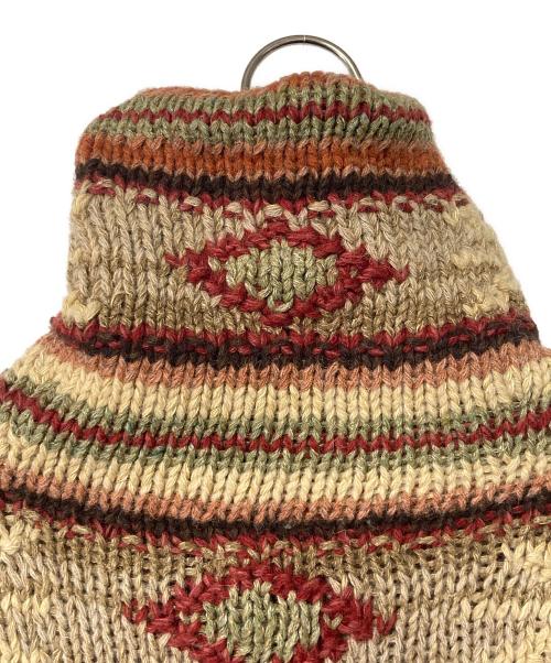 RRL（ダブルアールエル）RRL (ダブルアールエル) HAND KNIT ネイティブ柄 シルクリネン混 ショールカラーカーディガン ブラウン×ベージュ サイズ:Lの古着・服飾アイテム