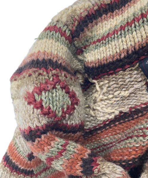 RRL（ダブルアールエル）RRL (ダブルアールエル) HAND KNIT ネイティブ柄 シルクリネン混 ショールカラーカーディガン ブラウン×ベージュ サイズ:Lの古着・服飾アイテム