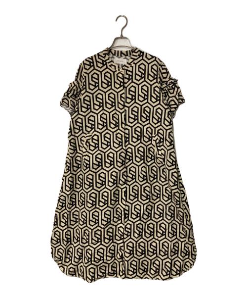 HERENCIA（ヘレンチア）HERENCIA (ヘレンチア) 総柄リネンレーヨンワンピース ベージュ×ブラック サイズ:Freeの古着・服飾アイテム