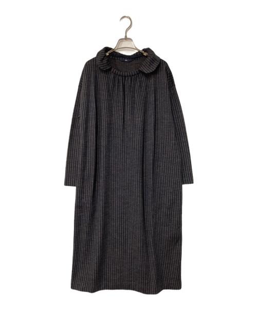 45R（フォーティファイブ・アール）45R (フォーティファイブ・アール) ジャージフラノ ストライプウールワンピース ネイビー×ブラウンの古着・服飾アイテム