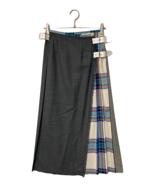 O'NEIL OF DUBLIN（オニールオブダブリン）O'NEIL OF DUBLIN (オニールオブダブリン) チェック切替 ウールラッププリーツスカート グレー×ブルー サイズ:36の古着・服飾アイテム