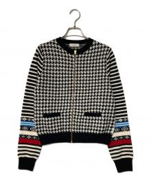 PAUL SMITH（ポールスミス）の古着「ハウンドトゥース柄フルジップニットカーディガン」｜ホワイト×ブラック