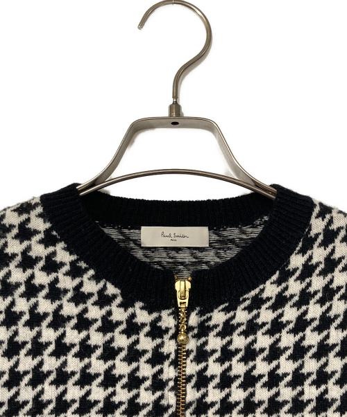 PAUL SMITH（ポールスミス）Paul Smith (ポールスミス) ハウンドトゥース柄フルジップニットカーディガン ホワイト×ブラック サイズ:Mの古着・服飾アイテム