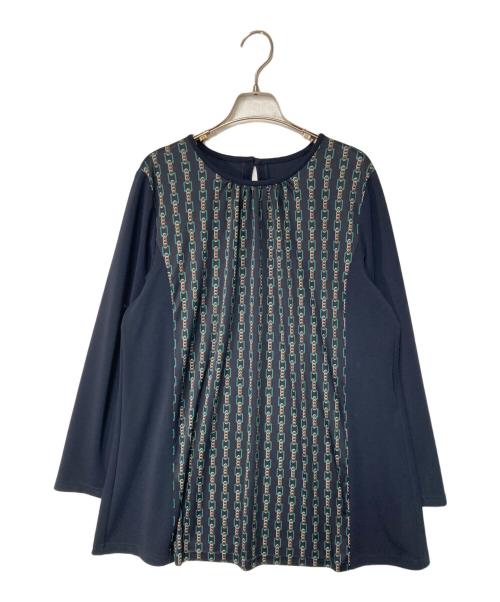 Leilian（レリアン）Leilian (レリアン) チェーン柄ノーカラーブラウス ネイビー サイズ:13の古着・服飾アイテム