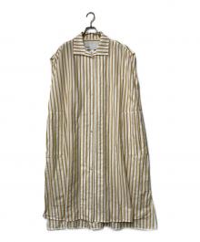 ticca（ティッカ）の古着「ストライプリネン混ノースリーブワンピース」｜ホワイト×ベージュ