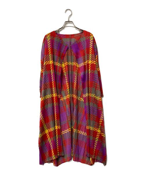 PLEATS PLEASE（プリーツプリーズ）PLEATS PLEASE (プリーツプリーズ) 総柄ロングカーディガン レッド×グレー サイズ:3の古着・服飾アイテム