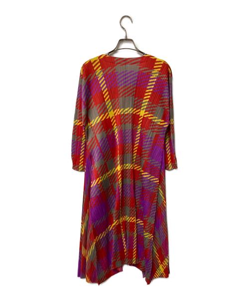 PLEATS PLEASE（プリーツプリーズ）PLEATS PLEASE (プリーツプリーズ) 総柄ロングカーディガン レッド×グレー サイズ:3の古着・服飾アイテム
