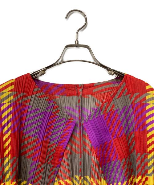PLEATS PLEASE（プリーツプリーズ）PLEATS PLEASE (プリーツプリーズ) 総柄ロングカーディガン レッド×グレー サイズ:3の古着・服飾アイテム