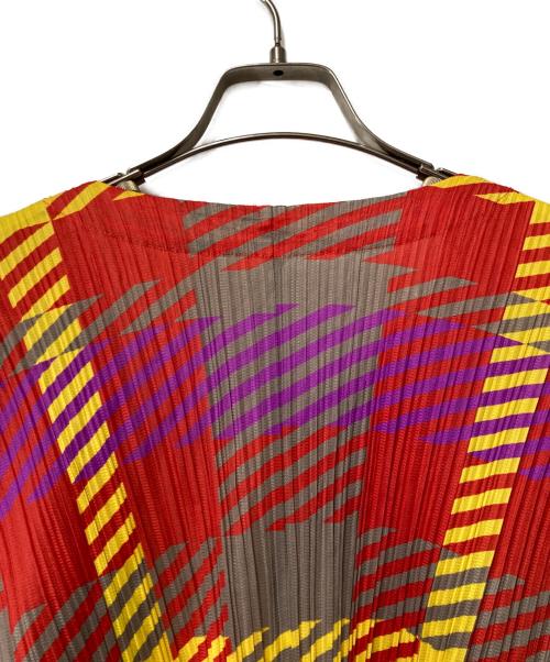 PLEATS PLEASE（プリーツプリーズ）PLEATS PLEASE (プリーツプリーズ) 総柄ロングカーディガン レッド×グレー サイズ:3の古着・服飾アイテム