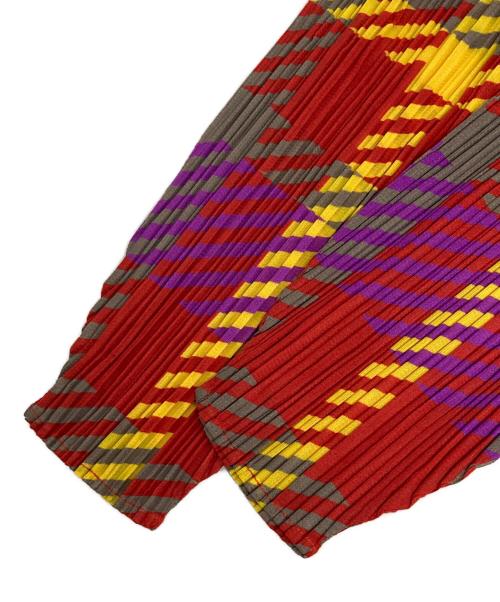 PLEATS PLEASE（プリーツプリーズ）PLEATS PLEASE (プリーツプリーズ) 総柄ロングカーディガン レッド×グレー サイズ:3の古着・服飾アイテム
