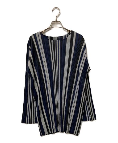 PLEATS PLEASE（プリーツプリーズ）PLEATS PLEASE (プリーツプリーズ) プリーツカットソー ネイビー×ブラック サイズ:3の古着・服飾アイテム