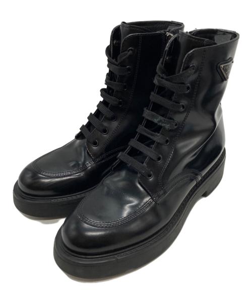 PRADA（プラダ）PRADA (プラダ) 三角プレートサイドジップブーツ ブラック サイズ:37 1/2の古着・服飾アイテム