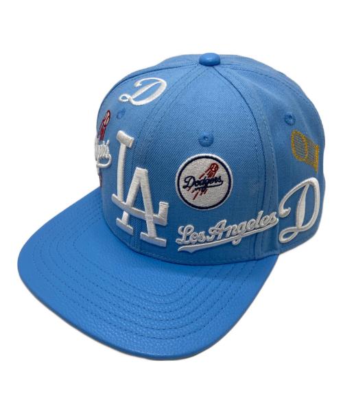 MLB（エムエルビー）MLB (エムエルビー) GENUINE MERCHANDISE (ジェニュイン マーチャンダイズ) レザー切替 ロゴ刺繍キャップ スカイブルーの古着・服飾アイテム