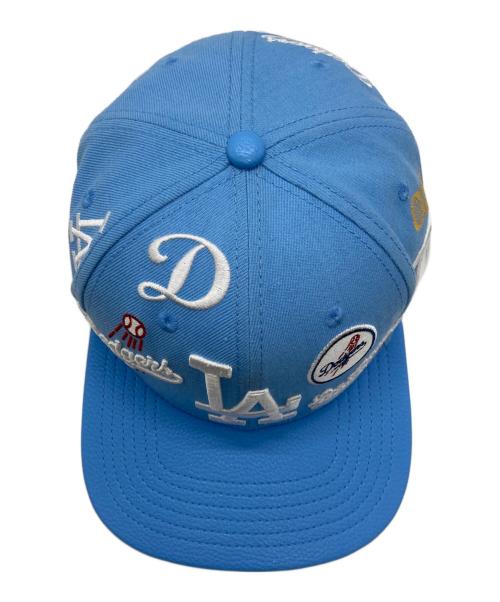 MLB（エムエルビー）MLB (エムエルビー) GENUINE MERCHANDISE (ジェニュイン マーチャンダイズ) レザー切替 ロゴ刺繍キャップ スカイブルーの古着・服飾アイテム