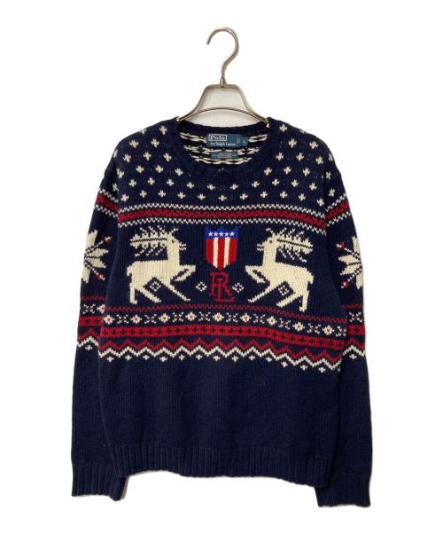 POLO RALPH LAUREN（ポロ・ラルフローレン）POLO RALPH LAUREN (ポロ・ラルフローレン) 総柄ニット ネイビー サイズ:Ｌの古着・服飾アイテム