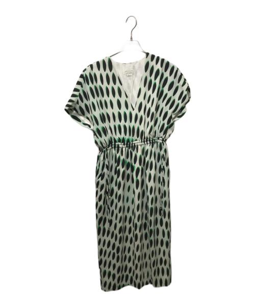 DRIES VAN NOTEN（ドリスヴァンノッテン）DRIES VAN NOTEN (ドリスヴァンノッテン) len lye (レン・ライ) 総柄ワンピース ホワイト×グリーン サイズ:38の古着・服飾アイテム