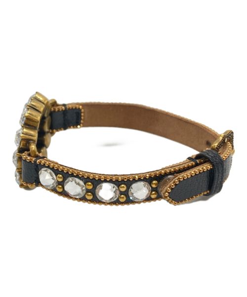 GUCCI（グッチ）GUCCI (グッチ) ダブルGラインストーン装飾レザーブレスレット ゴールド×ブラック サイズ:不明の古着・服飾アイテム