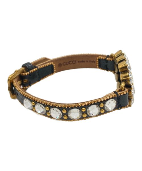 GUCCI（グッチ）GUCCI (グッチ) ダブルGラインストーン装飾レザーブレスレット ゴールド×ブラック サイズ:不明の古着・服飾アイテム
