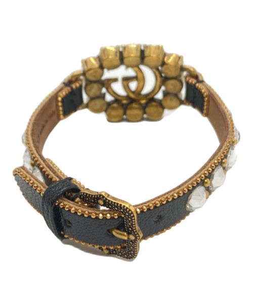 GUCCI（グッチ）GUCCI (グッチ) ダブルGラインストーン装飾レザーブレスレット ゴールド×ブラック サイズ:不明の古着・服飾アイテム